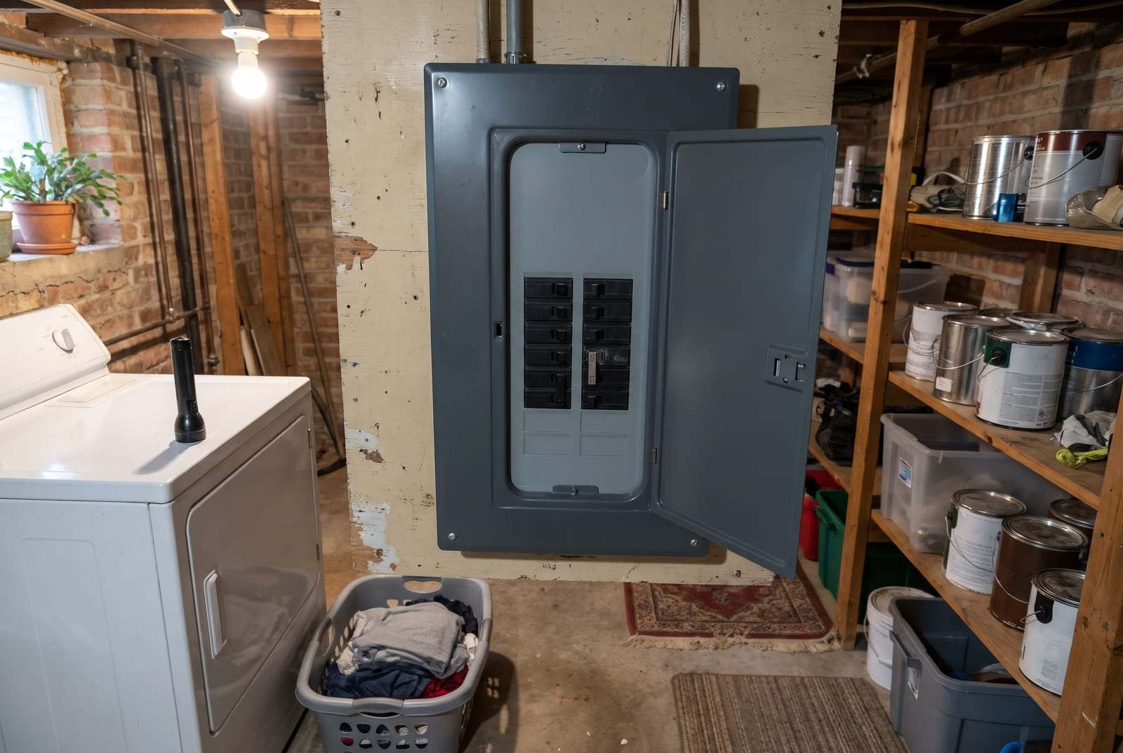 Gray electrical panel with its door open on a plywood backer in an unfinished basement beside a dryer