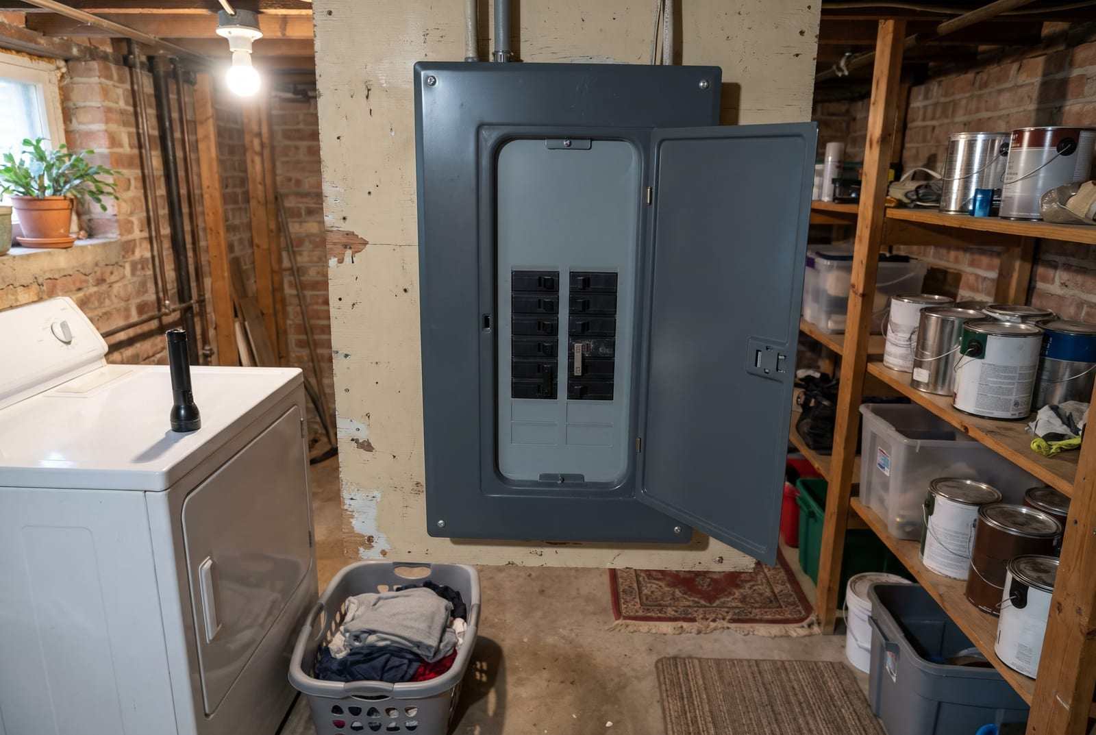 Gray electrical panel with its door open on a plywood backer in an unfinished basement beside a dryer