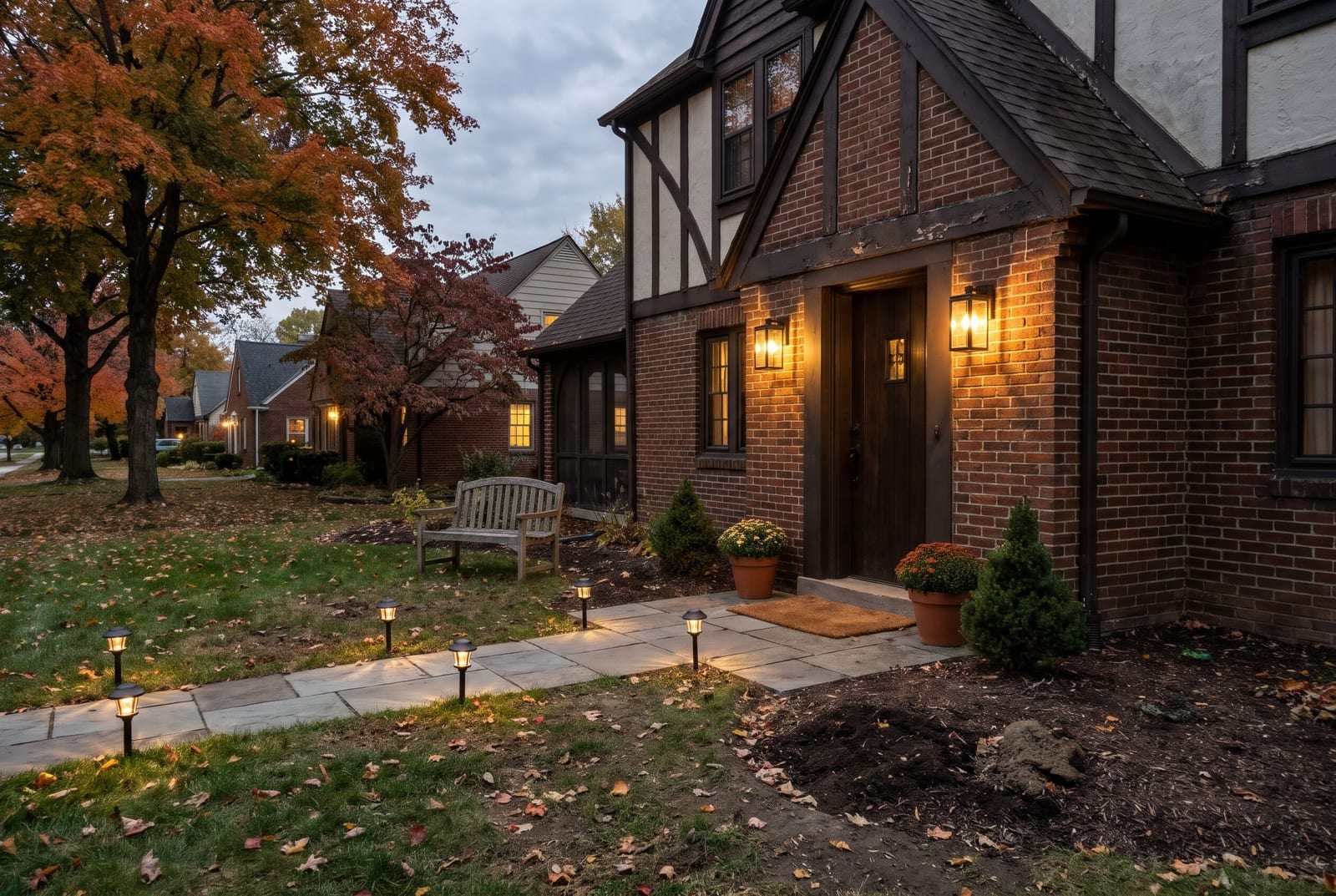 Brick Tudor-style house at dusk with lit wall lanterns by the door and path lights along the walk