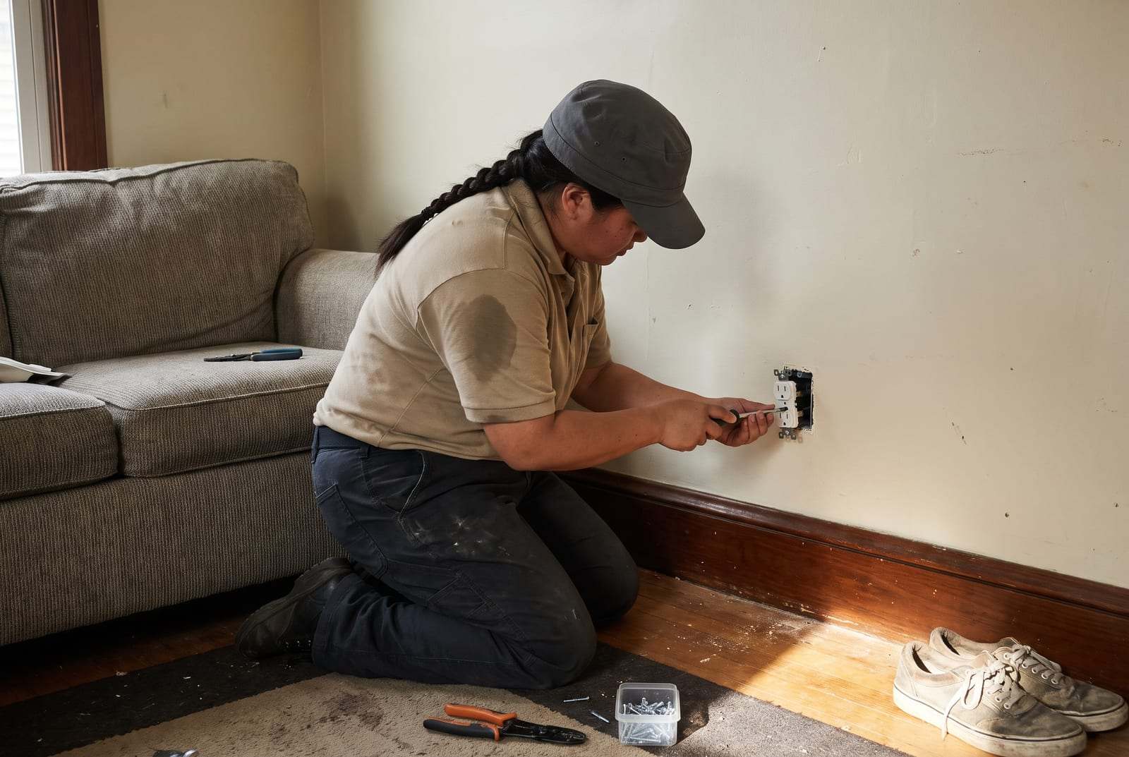 Technician in a tan shirt kneeling to fit a wall outlet in a living room