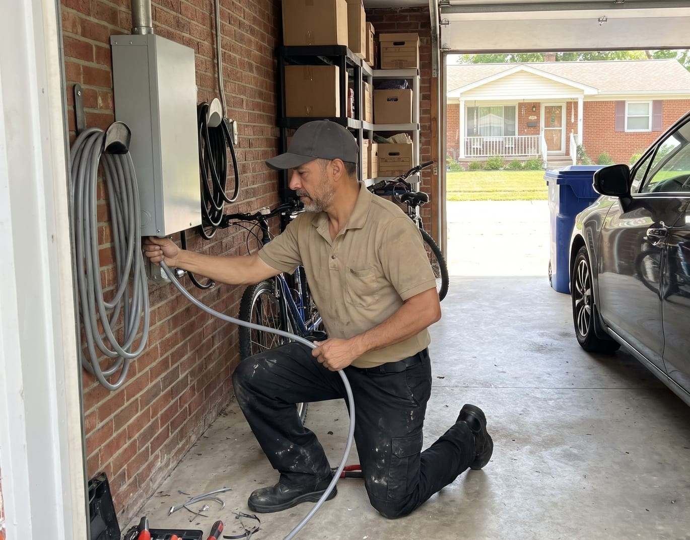 Technician feeding cable into a wall-mounted car charger in a home garage