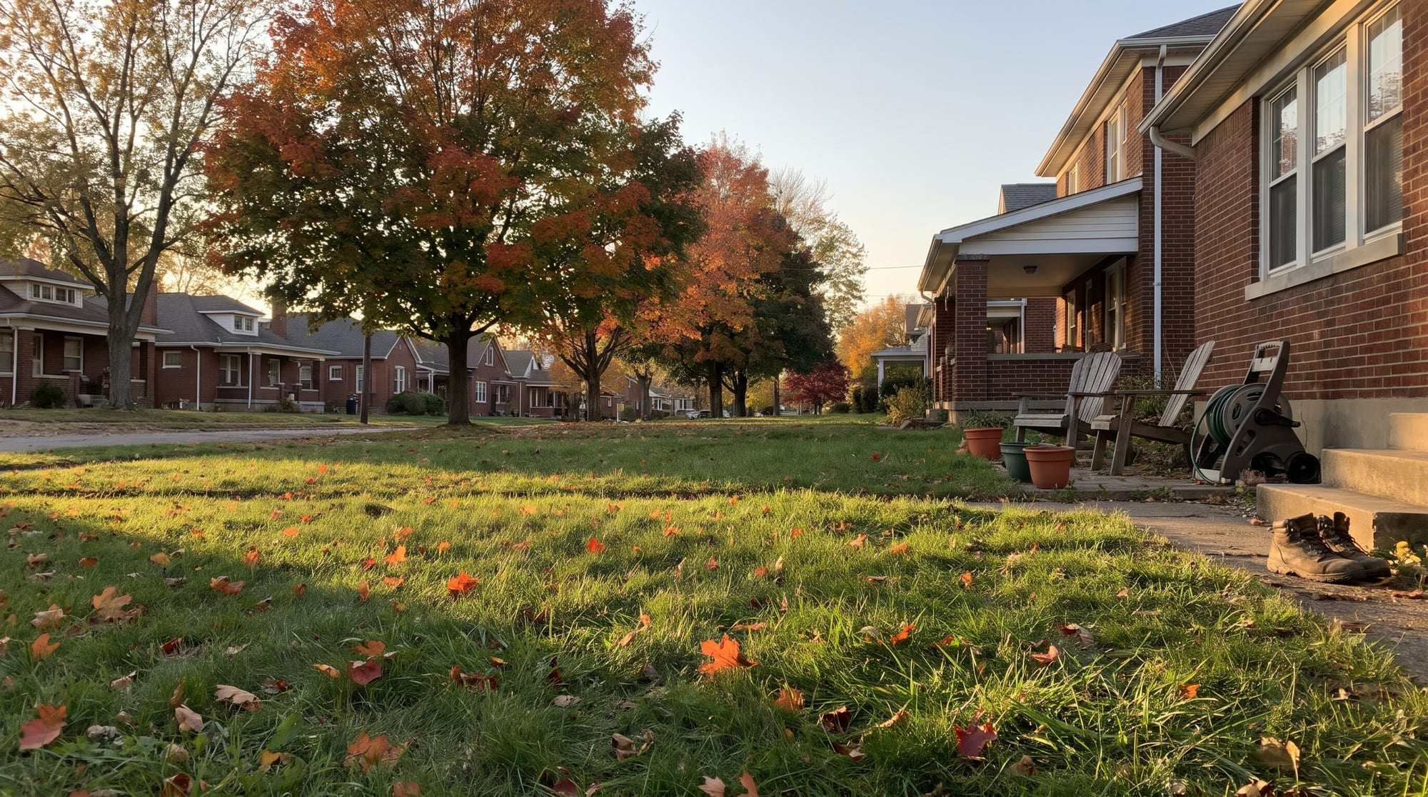 Brick bungalows and autumn maples along a quiet residential street